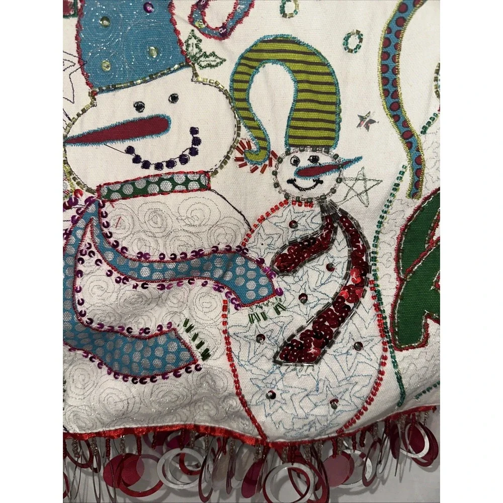 Pier 1 Imports Snowman Christmas Table Runner Embroidered Beaded Fringe 108x13